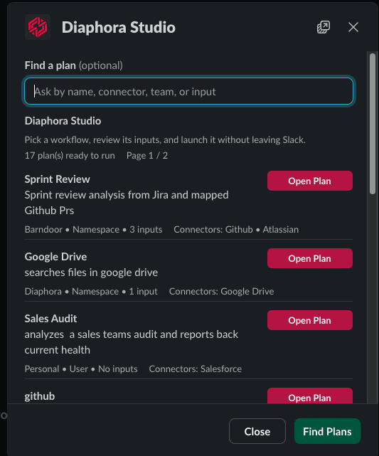 Barndoor Automations Studio Slack modal showing searchable blueprints