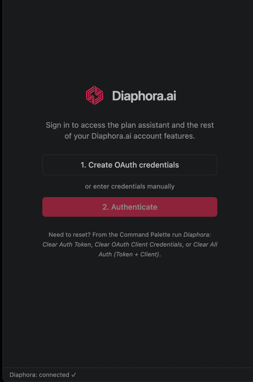 Diaphora sign-in splash in VS Code with steps to create OAuth credentials and authenticate