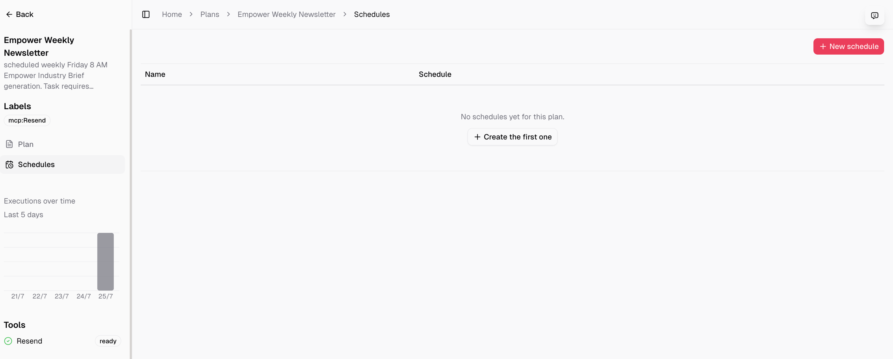 The Schedules tab before any schedule exists — start with "Create the first one."